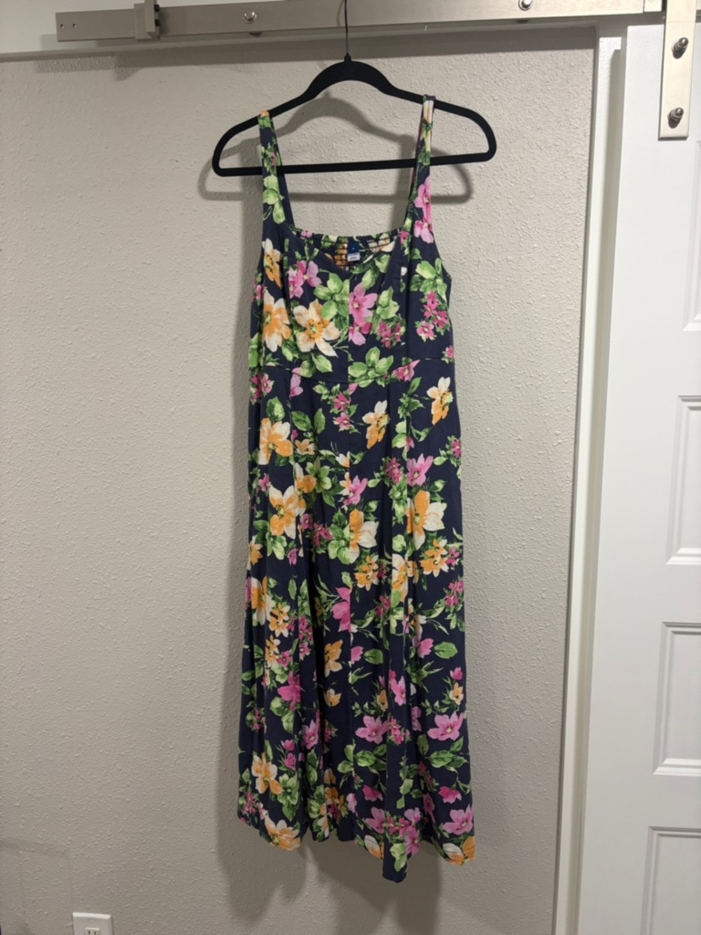 Old Navy Navy Floral Midi Dress with Pink, Yellow & Green Flowers